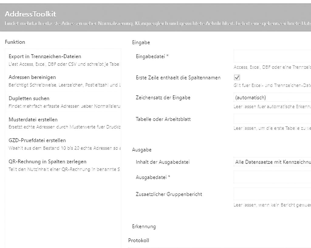 Funktionsübersicht der hauseigenen Software AddressToolkit: Adressen bereinigen, Dubletten suchen, Prüfdateien erstellen